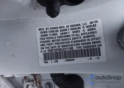 2020 Honda Civic Lx from USA, damaged, VIN 19XFC2F65LE211165